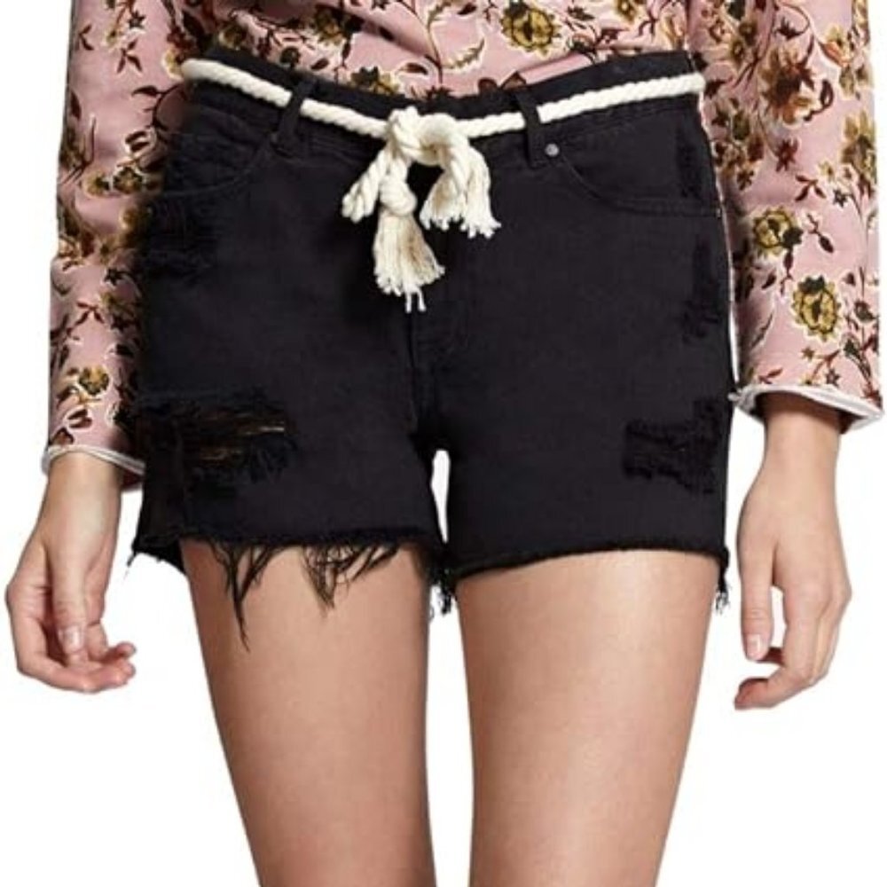NWT SANCTUARY Denim Destroyed Black Jean Shorts w White Rope Belt 24
